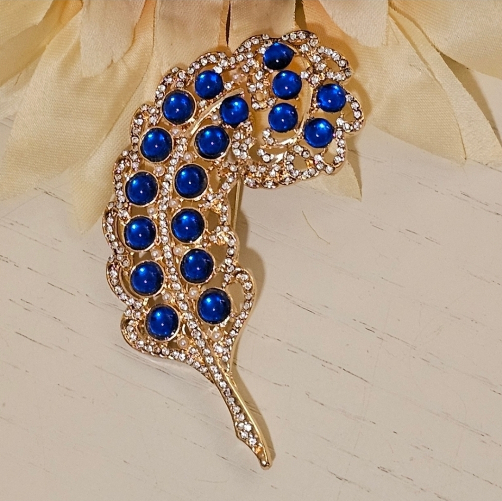Blue Rhinestone Statement Feather Brooch